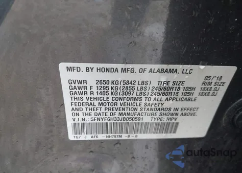 2018 Honda Pilot Ex из США, поврежденный, VIN 5FNYF6H33JB050591